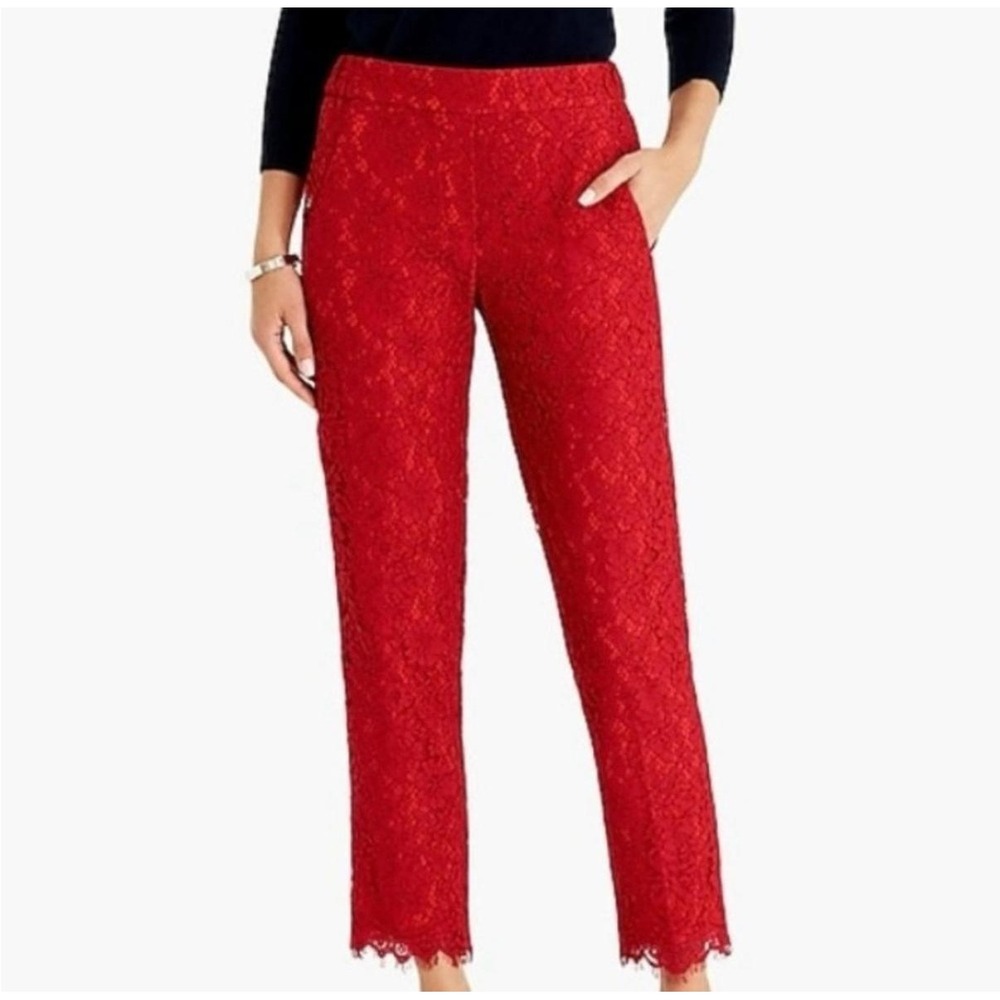 J.Crew Red Floral Lace Straight Leg Pants Eyelash Hem Size 0 Holiday Dressy